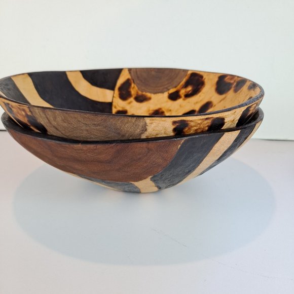 2 African Folk Art Handmade Wooden Bowls & Utensil w/Bone Handle - Picture 6 of 11